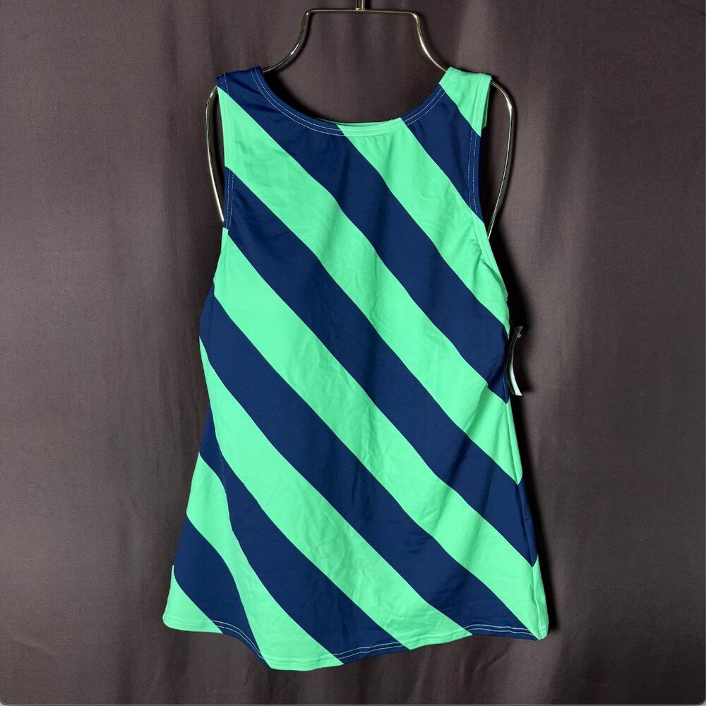 Lands' End Women's 4, 2-4 LONG Striped High Neck Tankini Top Swimwear Navy/Green